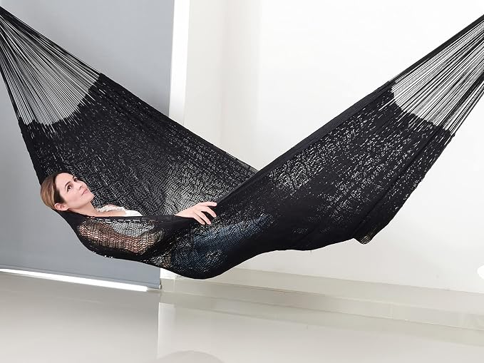 Traditional Mayan Hammock - Hammock Made with Thick Cotton Thread (Black, Medium)