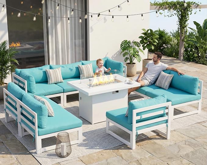 BULEXYARD 8 Person Modern Aluminum Outdoor Patio Furniture Set with Fireplace, 29 inch Wide Deep Seating, Fade Resistant L-Shaped Sectional Couch, Plus Size Conversation Set for Backyard Terrace, Teal