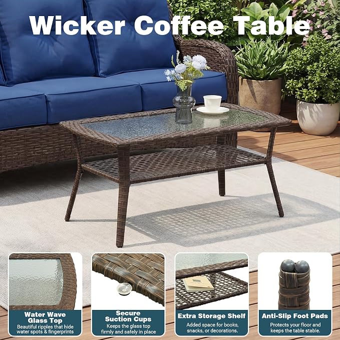 Luxury Patio Conversation Set, 10-Piece Ergonomic High Back Wicker Sofa&Swivel Chair Set with 6-Inch Deep Seating Cushions, Large Patio Furniture Set for Garden, Deck & Balcony, Navy Blue