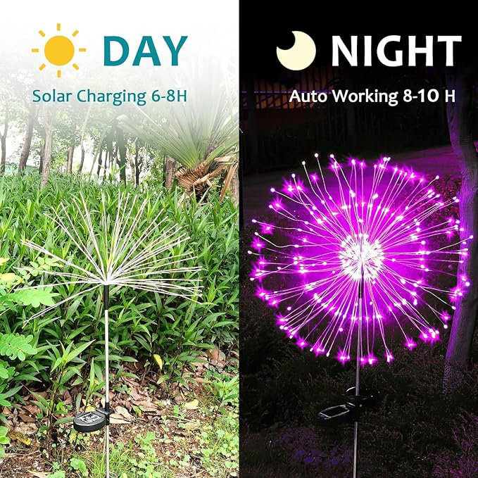 Solar Firework Lights, 2 Pack 120 LEDs 2 Lighting Modes Solar Garden Lights Outdoor Waterproof for Yard Patio Walkway Pathway Party Wedding Christmas Decorative - Pink