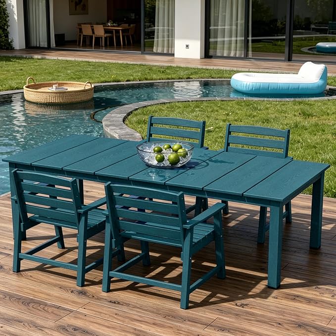 AreShark 5-Piece Outdoor Dining Set,HDPE Patio Table with 4 Chairs,All-Weather Patio Furniture Set with Umbrella Hole,Low Maintenance Wood Grain Dining Set for Backyard,Garden,Poolside,Navy Blue