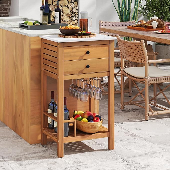 Giantex Acacia Wood Outdoor Side Table, Patio Buffet Cabinet Bar Table with Faux Marble Countertop, 2 Drawers, Glass & Wine Holders, Patio Storage Cabinet for Garden, Backyard