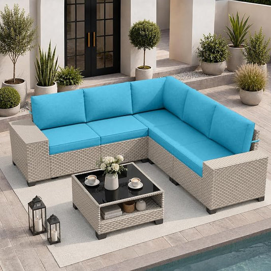 6-Piece Outdoor Patio Furniture Set, Modular Sectional Sofa Set with Glass Coffee Table and Cushions, Wicker Outdoor Couch Conversation Sets, Turquoise