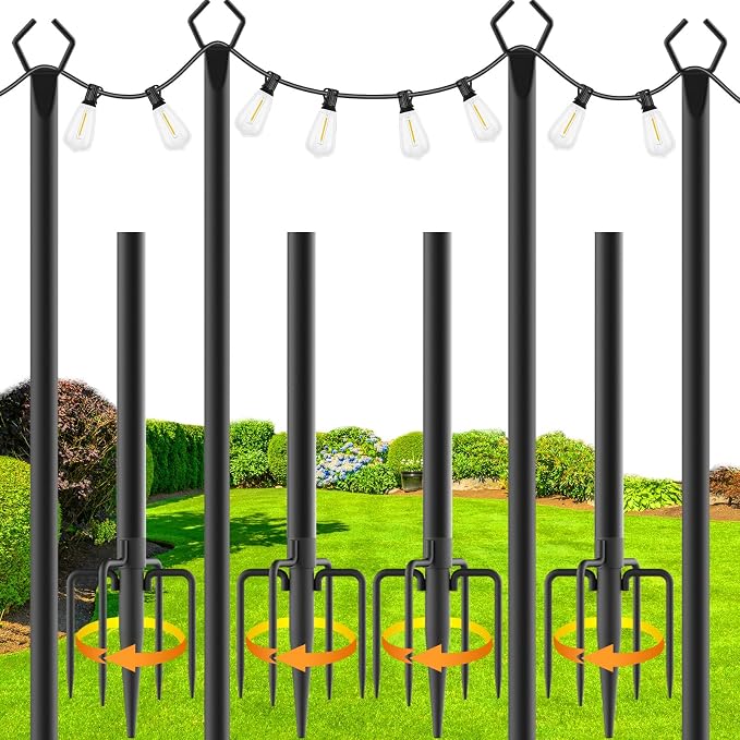 Beizelte 4 Pack 10Ft String Light Poles,Light Poles for Outside Lights with Fork,Outdoor Brackets Hanging Lights,Metal Stand for Deck Patio,Backyard,Wedding,Deck,Party