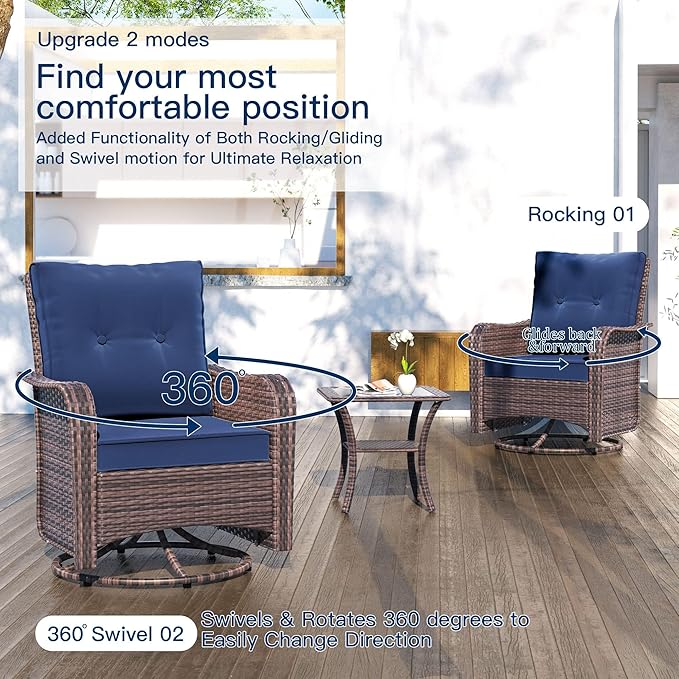 Kullavik 5 Pieces Outdoor Swivel Chairs Set,Patio Wicker Rocker Chairs with 4" Thick Cushions,Side Table and Ottomans,Patio Conversation Furniture Set for Patio Porch Deck Backyard,NavyBlue