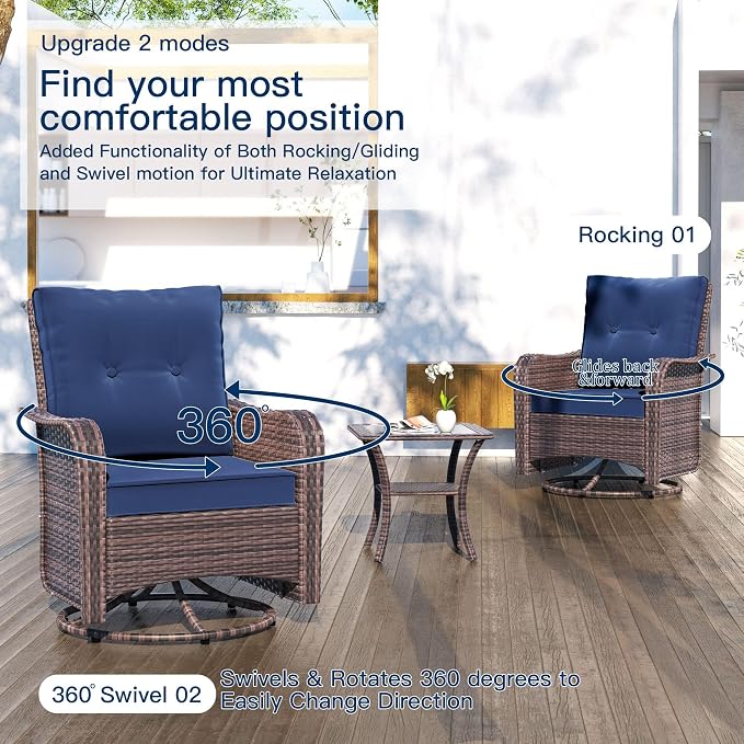 Kullavik 12PCS Outdoor Patio Furniture Set,PE Wicker Rattan Sectional Sofa Patio Conversation Sets with Tempered Glass Table,Swivel Rocking Chairs Set,Navy Blue