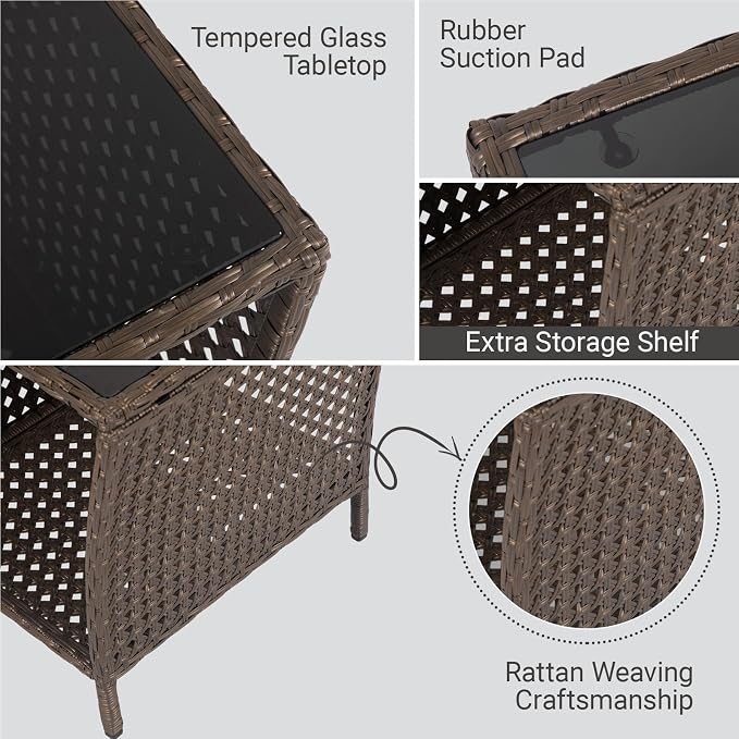 Outdoor Side Table - Patio Rattan End Table with Square Glass Tabletop, Wicker Outdoor Side Table with Extra Storage Shelf for Garden, Backyard, Porch, Black Gold