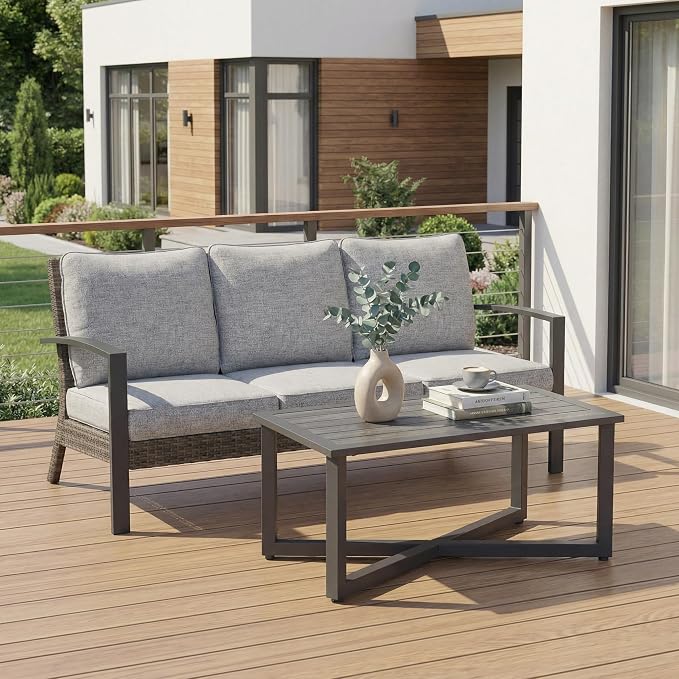 Green4ever Patio Sofa, 2 Pieces Patio Furniture Set with Coffee Table, Wicker Outside Furniture with Cushions, Patio Sofa for Porch, Outside Couch for Pool, Deck, Garden, Backyard, Grey