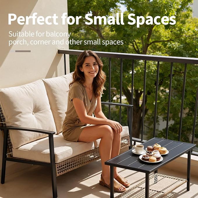 Deersky 4 Piece Outdoor Patio Furniture Set, All-Weather Modern PE Wicker Rattan Conversation Set with 4" Cushions for Comfortable, Easy to Assemble, Cream White