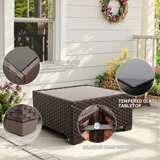 Rattaner 10 Pieces Outdoor Sectional All-Weather Wicker Patio Furniture Set Patio Sectional and Steel Fire Table and Glass Patio Table Non-Slip Cushions and Waterproof Covers, Beige