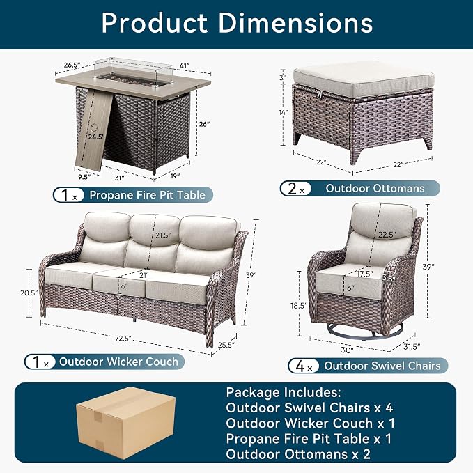 Luxury Patio Furniture Set with Fire Pit Table-8 Pieces All Weather Outdoor Swivel Rocker Chairs with Sofa and Ottomans. Outdoors Patio Conversation Sets for Porch Deck Garden Backyard(Brown/Beige)