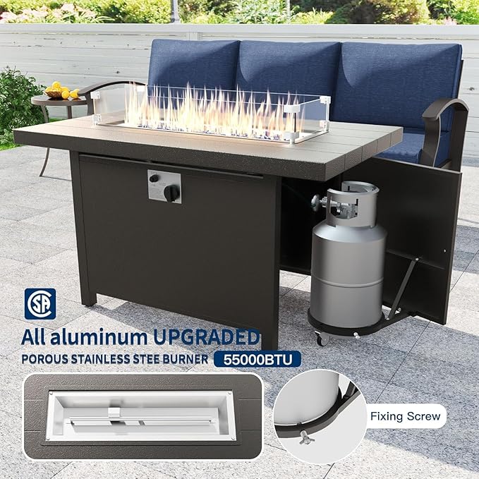 Kullavik Aluminum Patio Furniture Set,5 Piece Modern Metal Outdoor Patio Furniture w/5.1'' Thick Cushion,Swivel Chairs and 45" Propane Fire Pit Table,Patio Conversation Sets for Porch,Deck,NavyBlue