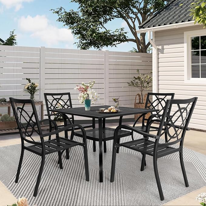 Crownland 5 Piece Outdoor Dining Set, Patio Metal Dining Sets, 4 Stackable Metal Chairs and Square Outdoor Dining Table with 1.57" Umbrella Hole, for Backyard, Lawn, Garden (Classic Black)