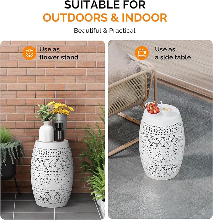 Iron Side Table for Outdoor Porch - White Cute Round Hollow Drum End Tables - Small Decorative Round Accent Table for Balconies or Patios