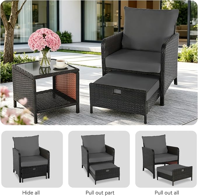 YLGJ&TIDY 5 Pieces Patio Furniture Set, Rattan Outdoor Lounge Chairs with Soft Cushions,Outdoor Wicker Patio Conversation Set with Hidden Ottoman and Coffee Table for Porch, Garden, Backyard (Gray)