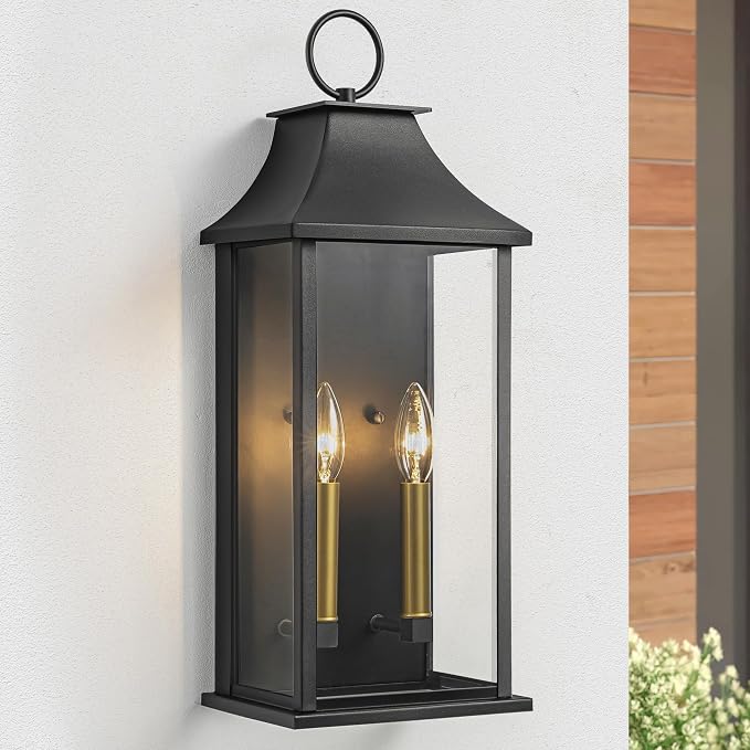 Dusk to Dawn Outdoor Wall Lantern, Black Exterior Light, 20.6" | Large Outside Wall Sconce, Modern Wall Light Fixture with Glass, Waterproof Exterior Lamp for House, Porch, Garage