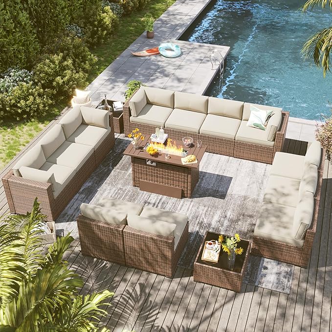LazySunsets 15 Piece Outdoor Patio Furniture Set with 44'' Fire Pit Table, Outdoor Patio Furniture Set with 4'' Thicken Cushion, Wicker Rattan Outdoor Conversation Set for Backyard & Garden, Beige