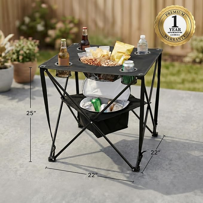 OVENTE Collapsible Folding Camping Table with Insulated Cooler, 4 Cup Holders, Food Basket and Travel Bag, Portable Tailgating Table for Fishing, Outdoor Barbecue or Beach Parties, Black POTC0014B