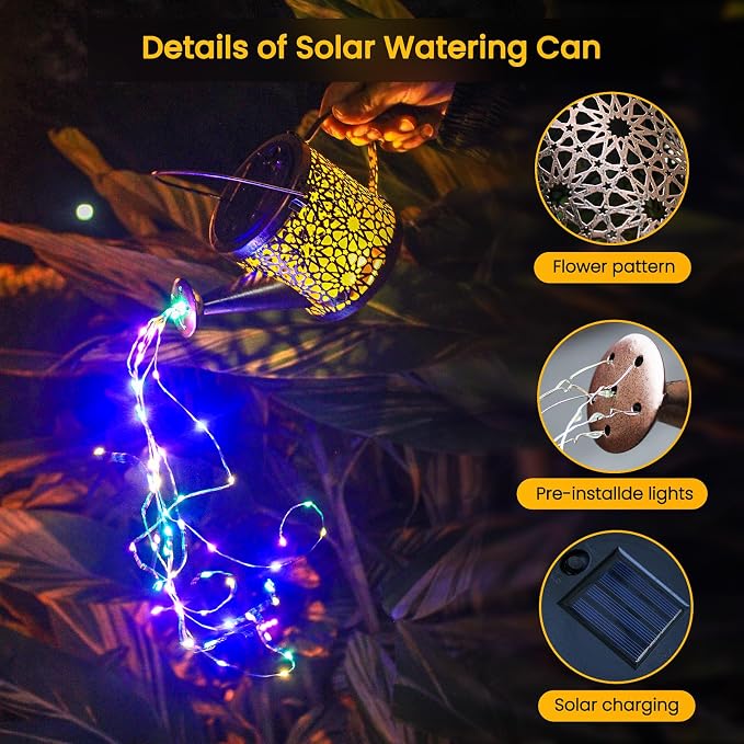 Solar Lights Outdoor Decorative, 2 Pack Metal Solar Watering Can Lights Waterproof, Small Hanging Garden Decor Yard Lights Outside Patio Lawn, Gifts for Mom Grandma Women Birthday(Colorful)