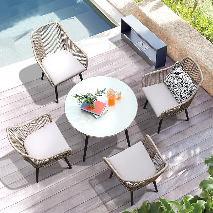 Patiorama Outdoor Dining Table, 35'' Patio Round Table, All-Weather Rope Rattan Wicker Patio Dining Table, Patio Tempered Glass Table with Umbrella Hole, Outdoor Coffee Table for Lawn Garden Pool(Tan)