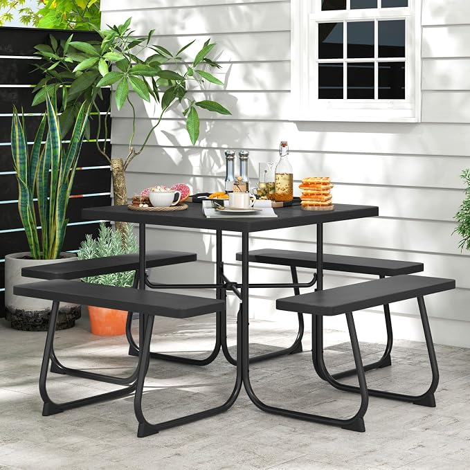 Square Picnic Table for 8 Person, Outside Table Bench Set w/ 4 Built-in Benches, Umbrella Hole, HDPE Top & Metal Frame, 2000LBS Capacity Outdoor Picnic Table for Garden, Porch, Patio (Black)