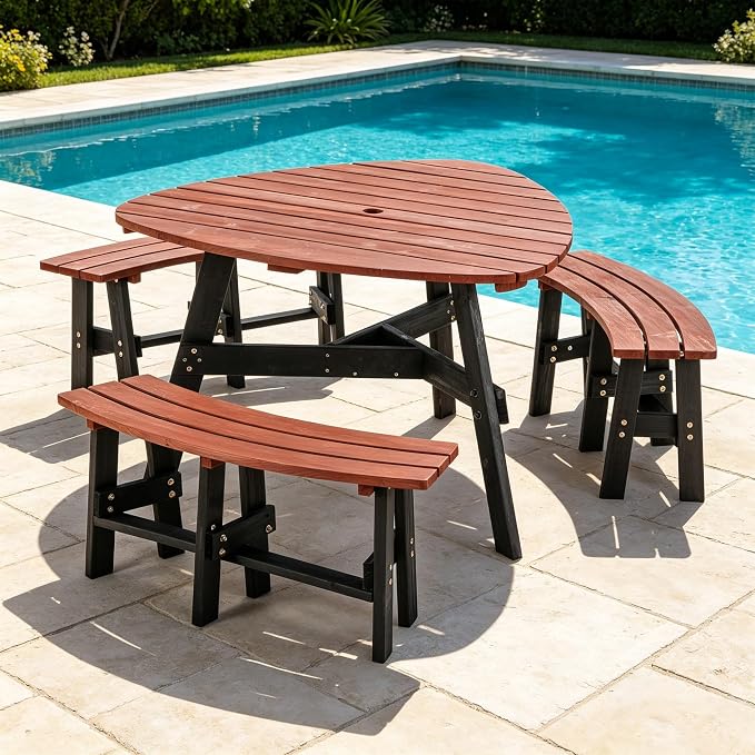 Wood Picnic Table with Benches &Umbrella Hole Elegant Triangle Outdoor Picnic Table for 3-6 People Reddish-Brown Tabletop and Black Legs for Backyard, Porch, Patio, Deck