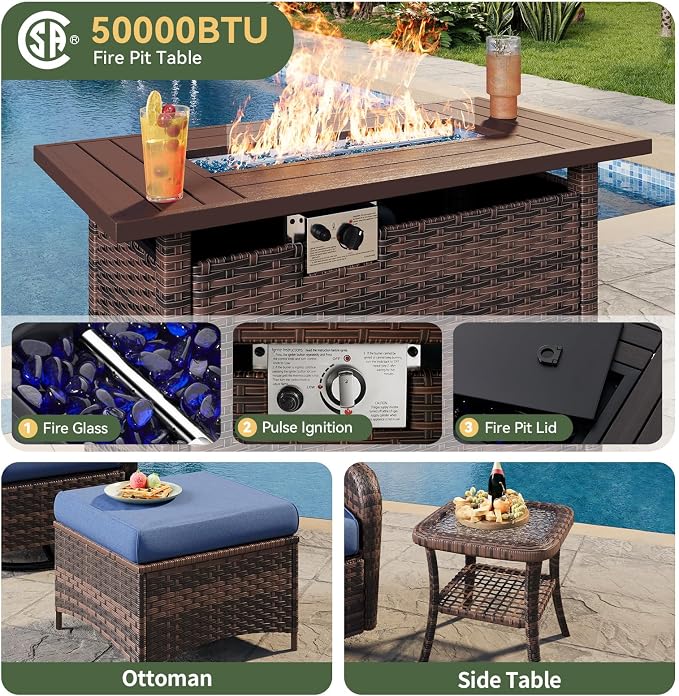 Aoxun 7-Piece Patio Furniture Set with 44” Fire Pit Table, Wicker Rattan Outdoor Sectional Sofa with High Back Swivel Rocker Chairs, Outdoor Patio Furniture Set with Thick Cushions & Ottoman, Blue