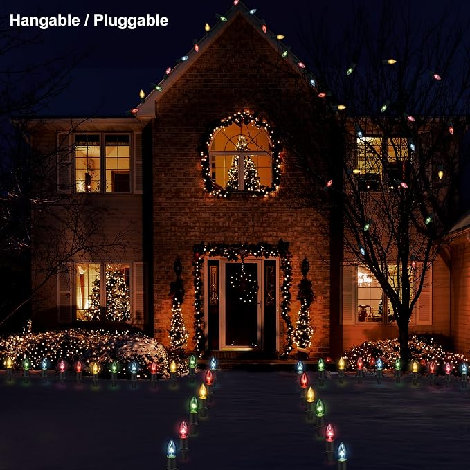 TIORIY Christmas Lights Outdoor 20 Pathway Lights - 24.2ft Multicolor Walkway Light with Stakes, C9 Driveway Light for Outside Yard Garden, Extendable for Xmas Holiday Decorations, 20 Lights