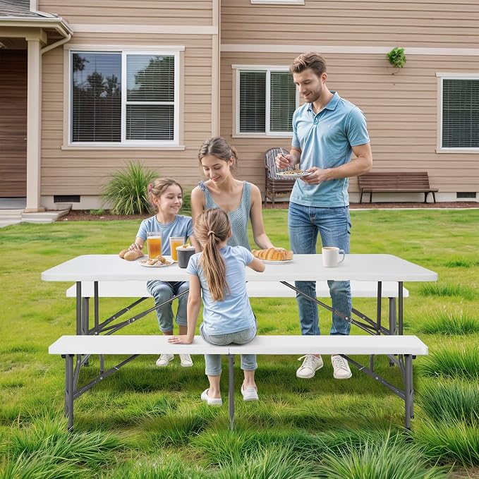 SUPER DEAL Folding Table Set with 2 Benches, 6 FT Camping Picnic Table Set, Outdoor Indoor Portable Furniture for Working Meeting Wedding Party w/Handle and Safety Lock, White