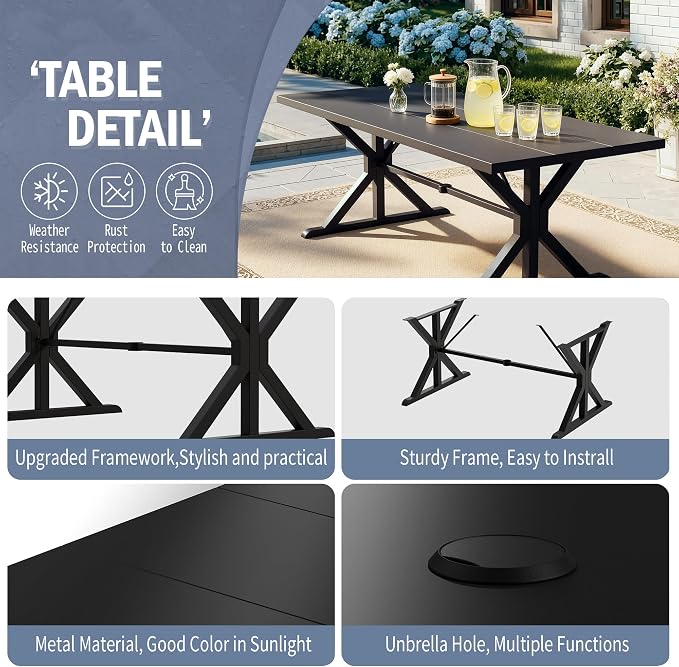 Kullavik 7 Pieces Outdoor Dining Set,Patio Dining Table and Chairs Set for 6,Fence Pattern Back Chairs with Thickened Cushions & X-Frame Metal Dining Table with Umbrella Hole for Patio,Navy Blue