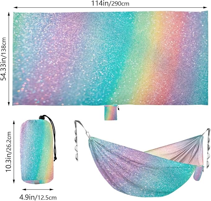 Rainbow Glitter Texture Camping Hammock, Portable Lightweight Single Hammock with Tree Straps and Aluminum Carabiners, 114" x 54" Travel Hammock for Hiking Backpacking Beach