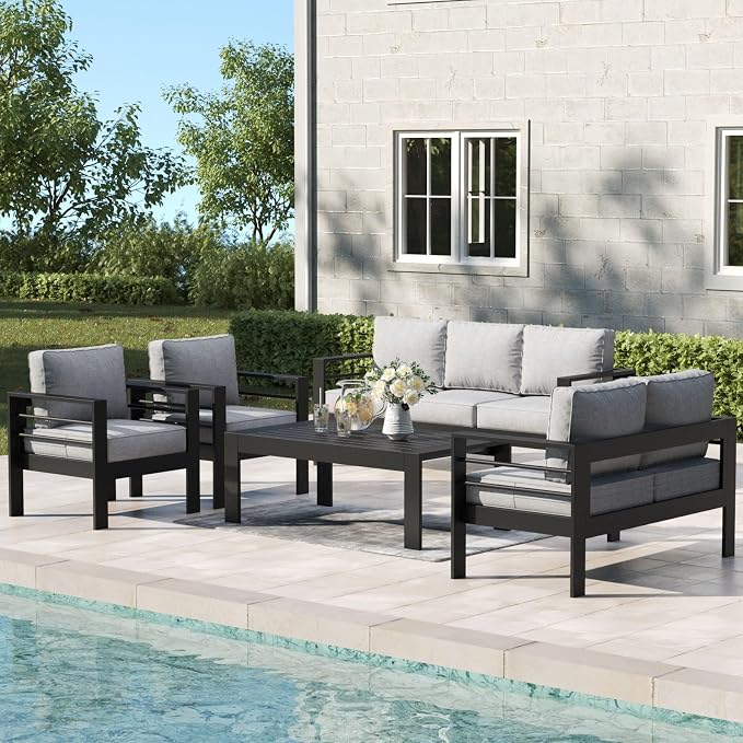 5 Pieces Aluminum Outdoor Patio Furniture Set with Coffee Table, Modern Metal Conversation Sofa Set with Deep Seating for Porch