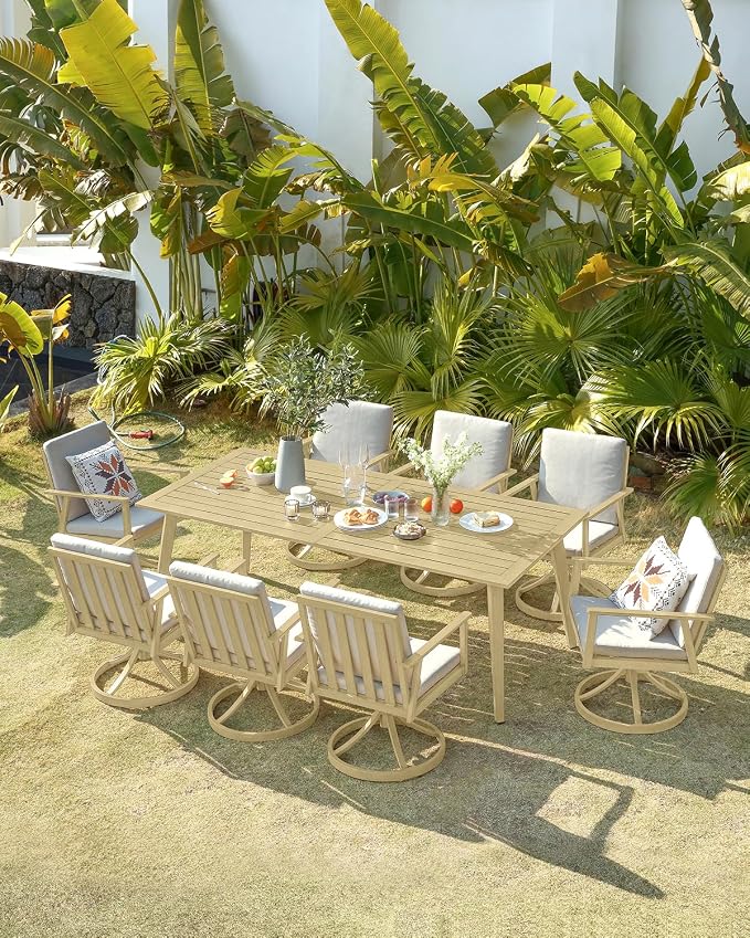 9 Pieces Outdoor Dining Set, Never-Rust Aluminum Patio Swivel Dining Set with Umbrella Hole, 360° Rotation Outdoor Patio Furniture Set, 8 Swivel Chairs and Table for Garden, Yard, Maple Wood