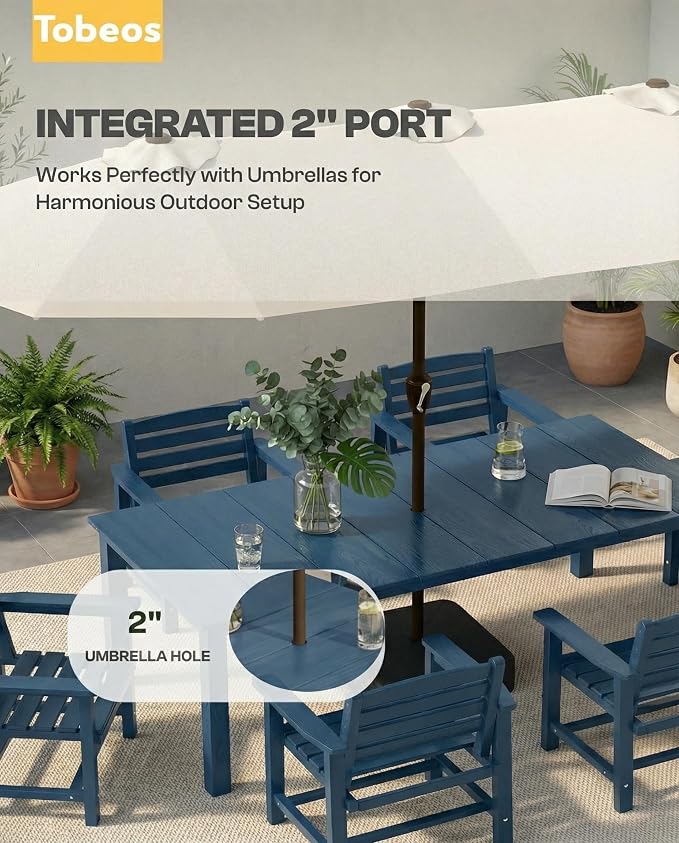 7-Piece Outdoor Dining Set with 15FT Umbrella for 6,Navy Blue | HDPE table, chairs included, aluminum frame, weather-resistant furniture, perfect for yard, lawn, garden, deck