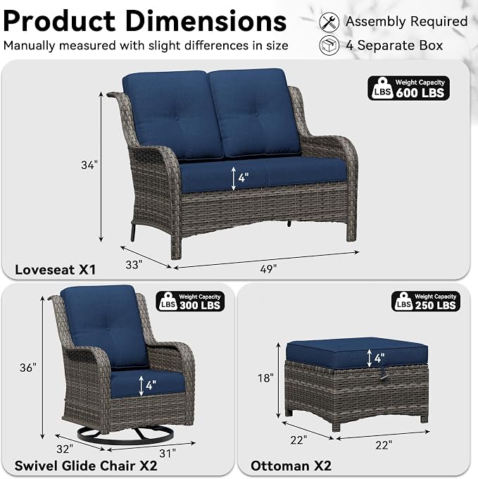 5 Piece Outdoor Wicker Patio Furniture Set, Outdoor Swivel Rocker Patio Chairs Set with Thickened Olefin Cushions, High Back and Deep Seating, Hand-Woven PE Rattan for Porch, Deck