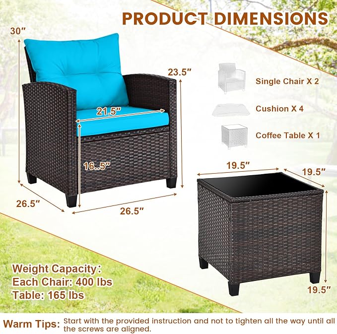3-Pieces Patio Furniture Set, PE Wicker Chairs Sofa Set with Removable Cushions & Glass Top Side Table, Outdoor Wicker Rattan Conversation Chair for Porch,Backyard, Balcony (Turquoise)