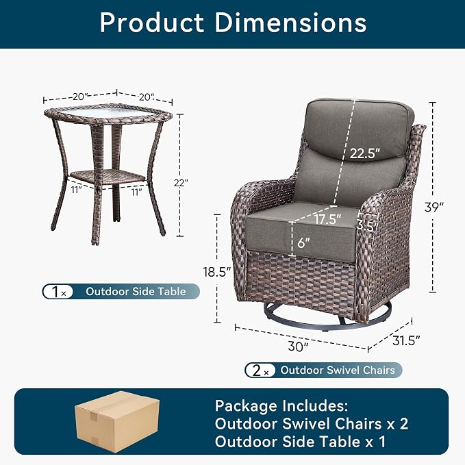 Luxury Outdoor Swivel Rocker Patio Chairs-3 Piece Wicker Patio Rocking Chairs Set of 2 with Glass Side Table 6" Thick Cushions High Back Outdoor Furniture Sets for Deck Porch Balcony(Brown/Grey)