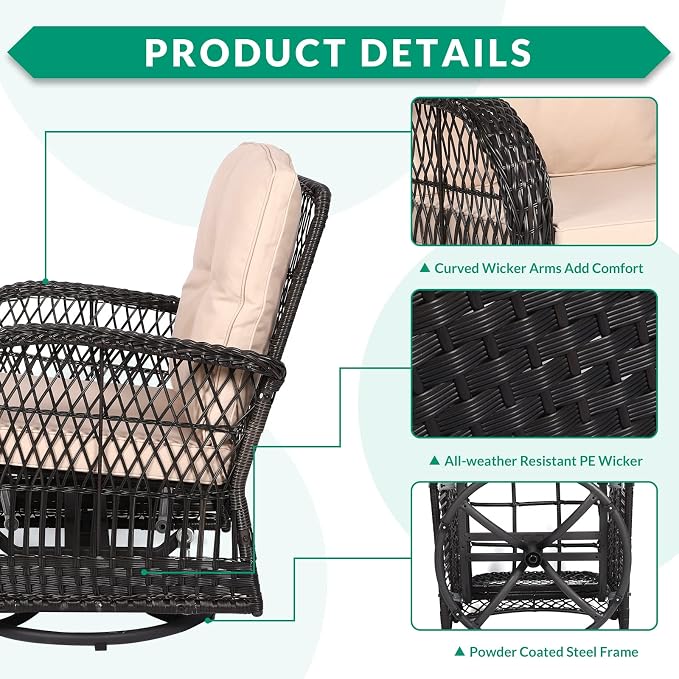 VIVIJASON 3-Piece Outdoor Conversation Bistro Set, Patio Swivel Glider Rocking Chairs Rattan Furniture Sets w/ 2 Rattan Chairs, Cushions, Glass Top Side Table for Porch Backyard, Dark Brown