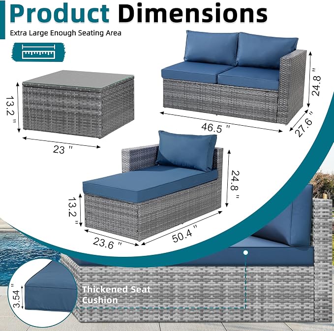SUNLEI Patio Furniture Set with Detachable Soft Cushions, All Weather Outdoor PE Rattan Patio Conversation Sofa Set, Silver Rattan/Aegean Blue