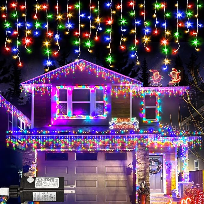 Colored Christmas Lights Outdoor, 33ft 400 LED Icicle Lights for Outside | Connectable Clear Wire 8 Modes Timer Plug in Waterproof for House Home Holiday Eaves Yard Party Room Indoor Decorations
