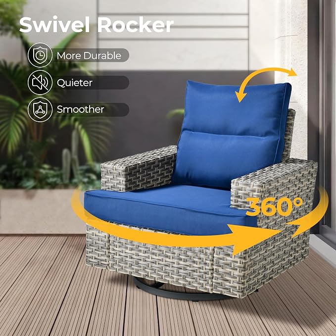 HOOOWOOO Sectional Patio Furniture Set with Fire Pit Table,15 Pieces Wicker Outdoor Furniture L Shaped Couch,Outside Conversation Set Extra Deep Seat Sofa Wide Arm Swivel Chairs Solar Light,Navy Blue
