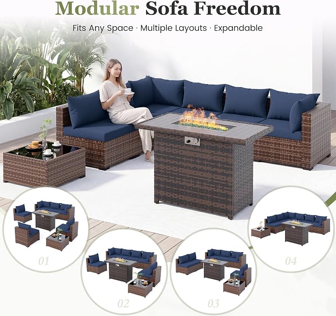 Amopatio 8 Pieces Patio Furniture Set with Fire Pit Table, All-Weather Outdoor Sectional, Wicker Conversation Sofa for Garden, Backyard, Porch, Balcony(Navy Blue)