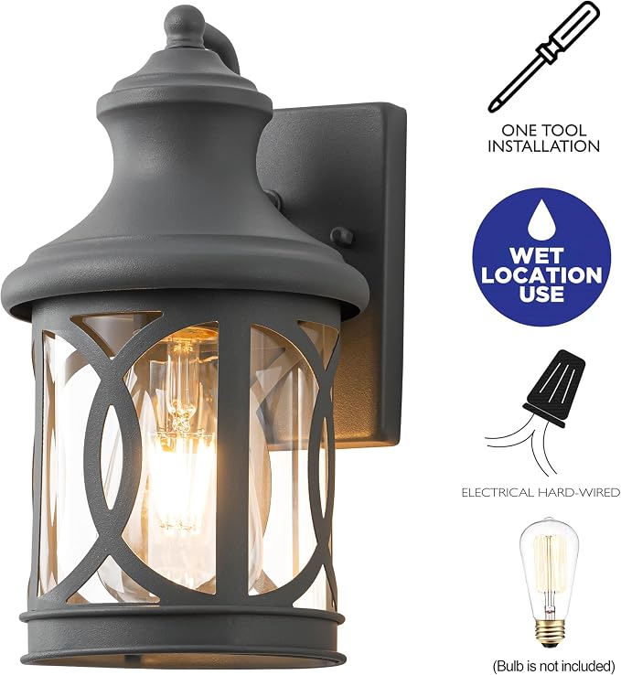 2-Pack Outdoor Wall Lights, Porch Lights, Waterproof Outdoor Wall Sconce, Exterior Light Fixture Grey Finish with Clear Glass Shade for Garage Patio Front Door Balcony, 12in.