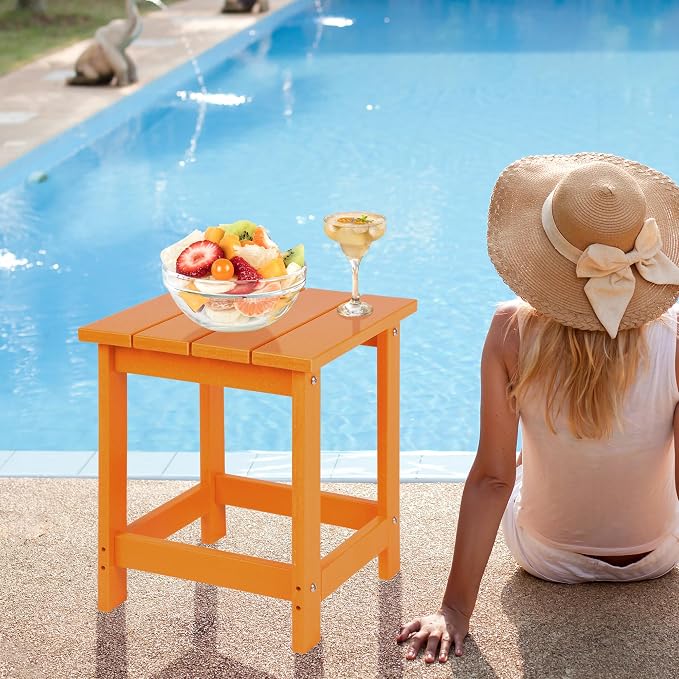 LZRS Patio End Table, Heavy Duty HDPE Outdoor Coffee Table with Wood Texture, Weatherproof Composite Table for Adirondack Chairs, Deck, Pool, Indoor/Outdoor, No Peeling or Cracking(Orange)