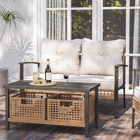 LAUSAINT HOME Outdoor Patio Loveseat with Coffee Table Set of 2, 2 Pcs Comfortable Oversized Furniture Conversation Set for Backyard, Porch, Garden and Poolside, Beige (Not Include Storage Boxes)