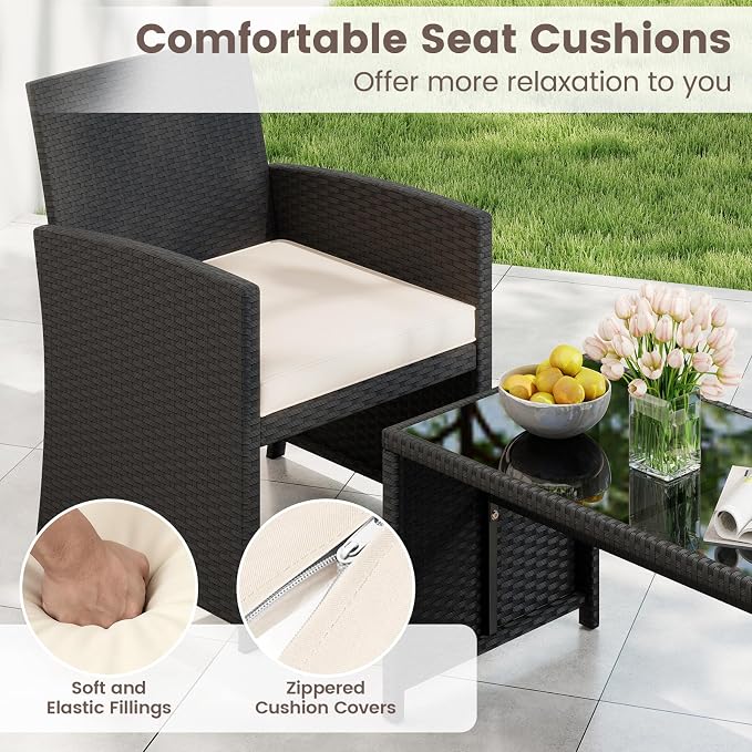 HAPPYGRILL 4 Piece Rattan Wicker Patio Conversation Set, Outdoor Furniture with Chair Loveseat Table & Cushion, for Backyard Porch Balcony (1, Black & Off White)