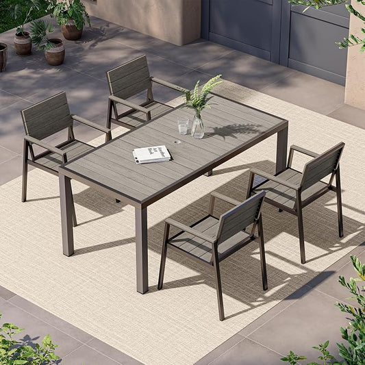 Vexwalx 5-Piece Outdoor Dining Set, Aluminum Dining Table Set for 4, Patio Table and Chairs Set with Umbrella Hole, All Weather HDPS Outdoor Table and Chairs for 4 (Gray)