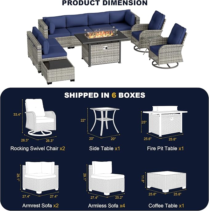 11-Piece Outdoor Patio Furniture Set with Rocking Swivel Chair, Wicker Rattan Sectional Sofa Conversation Set with 55,000 BTU Fire Pit Table, Backyard Furniture, Navy Blue