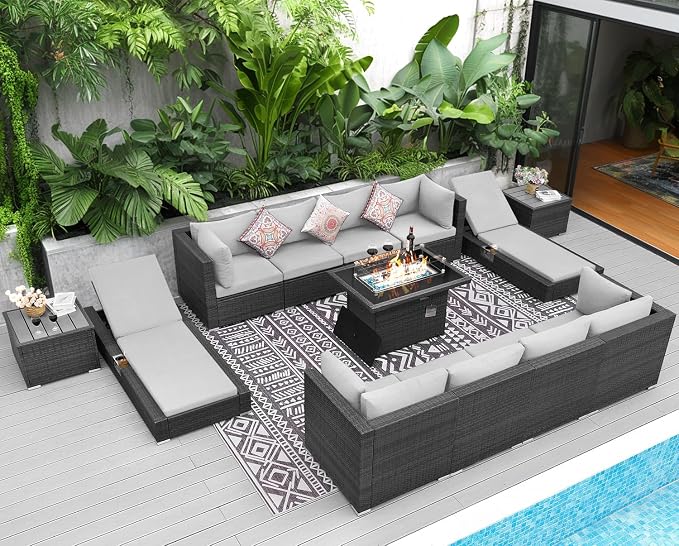 NICESOUL 13 Piece Outdoor Seating with Fire Pit Table, High-End Wicker Patio Furniture Set with Chaise Lounge, Comfy 29.3'' High Back Deep Sectional Sofa, All-Weather Backyard Sitting Area, Light Grey