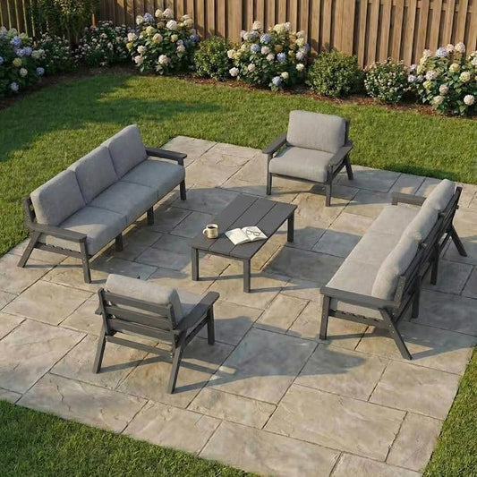 Kingdura HDPE Patio Furniture Set, 9 Piece Outdoor Sectional Sofa with Coffee Table, All Weather Outdoor Couch Conversation Set with Washable Cushions for Backyard Poolside Balcony